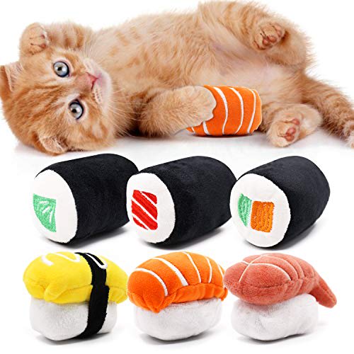 CiyvoLyeen Paquete de 6 juguetes de sushi para gatos con hierba gatera, rollo de sushi, suministros de mordida para gatitos, alivio del aburrimiento, limpieza de dientes esponjosos, masticar, amantes