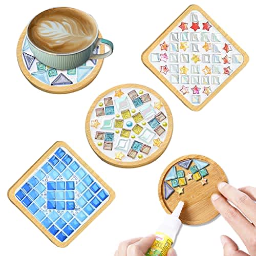 WATHFKCU 4 Sets DIY Glass Mosaic Tiles for Crafts,Mixed Color Mosaic Kits with Wooden Coaster for Adults,Mosaic Crafts Materials Package for Coaster Handmade Home Decor Gifts