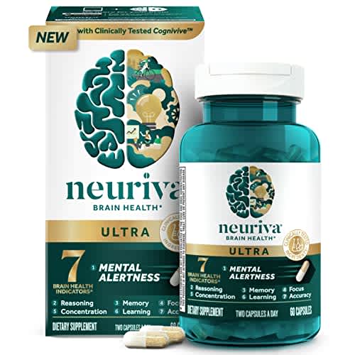 NEURIVA Suplemento cerebral nootrópico ultra descafeinado clínicamente probado para alerta mental, memoria, enfoque y concentración, Cognivive, Neurofactor, fosfatidilserina, vitaminas B6 B12, 60