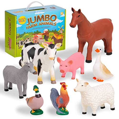 Learning Minds Juego de 8 figuras de animales de granja jumbo, animales de granja para niños pequeños de 1 a 3 años, juguetes de granja para niños de 1 a 3 años, animales de juguete para niños de 18