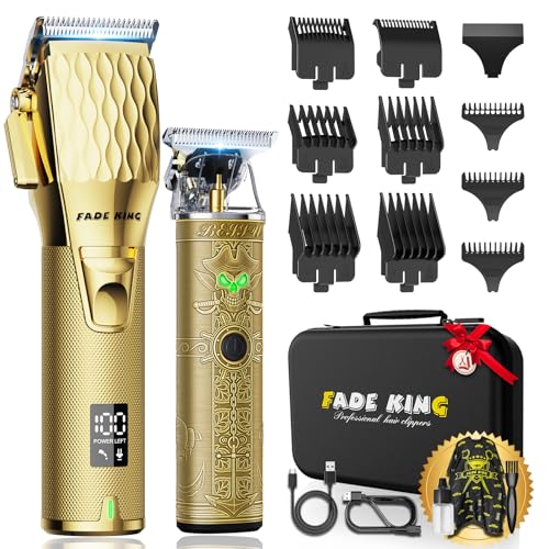 FADEKING® Professional Hair Clippers for Men - Cordless Hair Clippers, LCD Display Barber Clippers for Hair Cutting & Mens Grooming with Travel Case (Gold+Bronze)