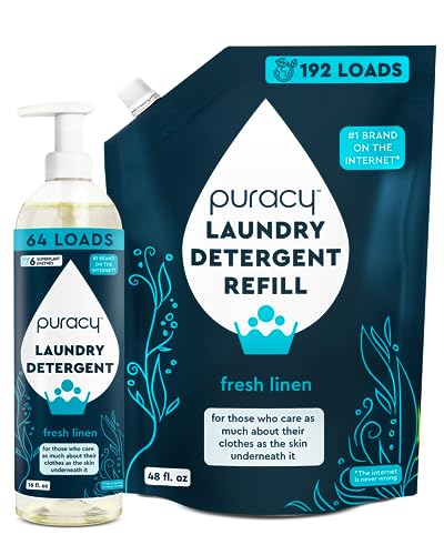 Puracy Liquid Laundry Detergent Refill-1,4 Dioxane Free, Natural, Gentle Laundry Detergent Liquid Concentrate Laundry Pouch with Stain Fighting Enzymes Fresh Linen 16 fl oz & 48 fl oz