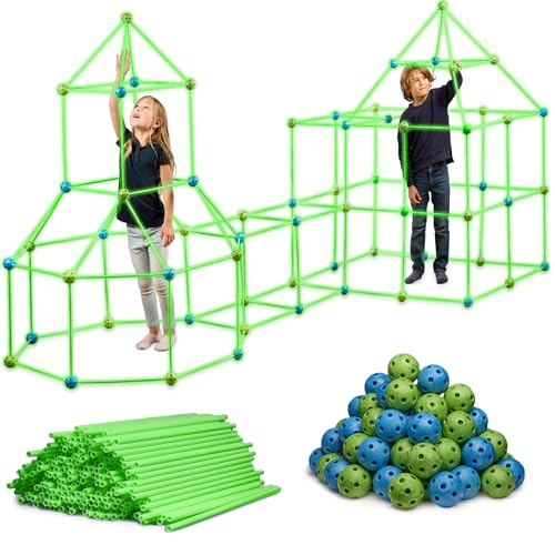 FUNbelievable! 132 Piece Glow in The Dark Fort Building Kit - Indoor Play Engineering Set with Connecting Sticks & Balls - Creative STEM Building Toys for Kids Play Spaces, Tents & Hideouts