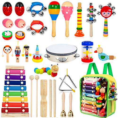 Instrumentos musicales para niños, 33 piezas, 18 tipos, instrumentos de percusión de madera, pandereta, xilófono, juguetes para niños, educación preescolar, aprendizaje temprano, juguete musical para