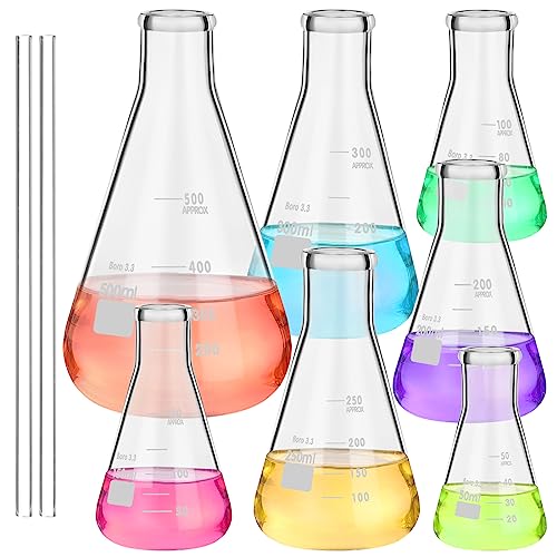 Erlenmeyer Juego de 9 frascos de vidrio con varilla de agitación de vidrio, 7 tamaños, 1.7 fl oz, 3.4 fl oz, 5.1 fl oz, 6.8 fl oz, 8.5 fl oz, 10.1 fl oz, 16.9 fl oz, frascos Erlenmeyer de vidrio de