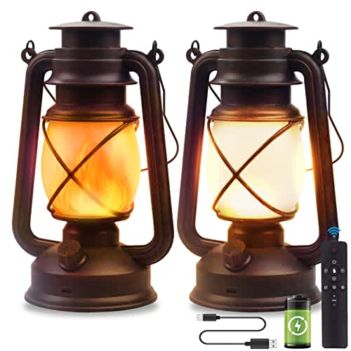 Vintage Lantern LED Battery Powered Camping Lamp Outdoor Hanging Lantern Flickering Flame Rechargeable Retro Lanterns Remote Control 4 Modes Light Non-Solar 2 Pack