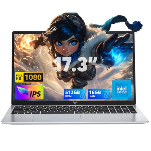 MALLRACE 2024 Laptop,17.3-Inch FHD Display Gaming Laptop with Quad Core-12th Alder Lake N97(Up to 3.6GHz), 16GB RAM 512GB ROM Traditional Laptop Computer, 6000Mah Battery,Silver