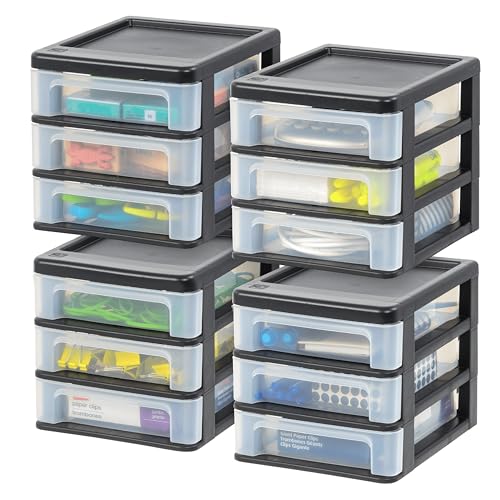 IRIS Organizador de almacenamiento apilable de plástico de 3 cajones, paquete de 4, para maquillaje, tocador, esmalte de uñas, baño, papelería, suministros de manualidades, cocina, oficina, garaje y