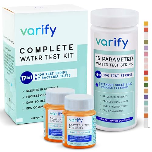 Varify 17 in 1 Complete Drinking Water Test Kit - 100 Strips + 2 Bacteria Tester Kits - Well, Tap, Home, City Water Testing Strip for Lead, Alkaline, Chlorine, Hardness, Iron, Fluoride, Copper & More