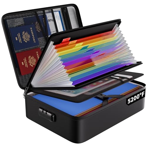 ENGPOW Bolsa organizadora de archivos ignífuga con 13 bolsillos coloridos, carpeta de archivos de acordeón, caja organizadora de documentos de 5200 ℉ con cerradura y etiquetas, almacenamiento seguro