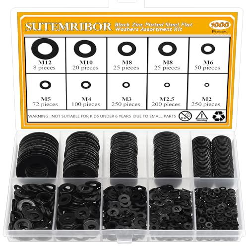 Sutemribor 1000 arandelas planas de acero chapado en zinc negro de 9 tamaños para tornillos, arandelas negras, arandelas de metal, arandelas surtidas (M2 M2.5 M3 M4 M5 M6 M8 M10 M12)