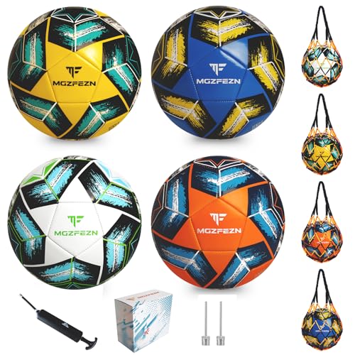 MGZFEZN Paquete de 4 pelotas de fútbol tamaño 5 para jóvenes y adultos, entrenamiento en exteriores e interiores, pelota de fútbol para práctica de deportes escolares con 1 bomba, 1 bolsa de red y 1