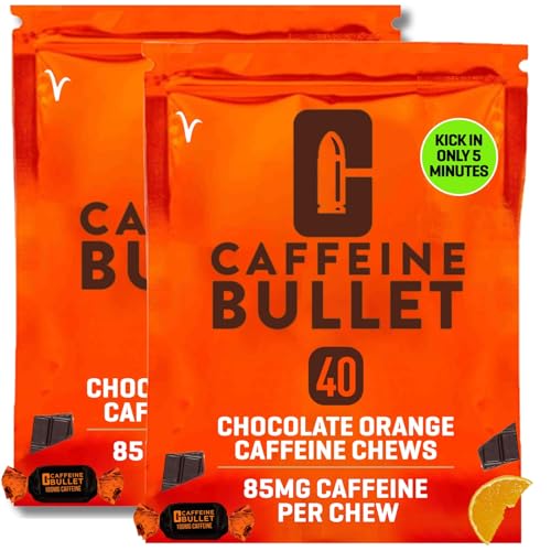 Caffeine Bullet 80 masticables de cafeína de chocolate. Cada 85 mg de cafeína - Gomitas energéticas de chocolate y naranja: patea más rápido que los geles energéticos para un ciclismo, deportes de