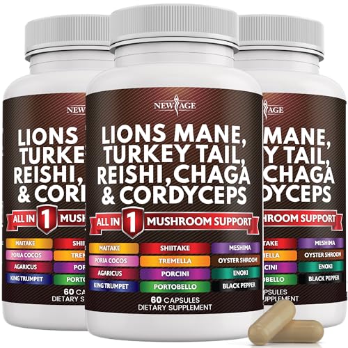 NEW AGE Lions Mane 3000 mg 20 en 1 Suplemento de hongo con cola de pavo 2000 mg Reishi 1000 mg Cordyceps Chaga 1000 mg con raíz de malvavisco 180 unidades