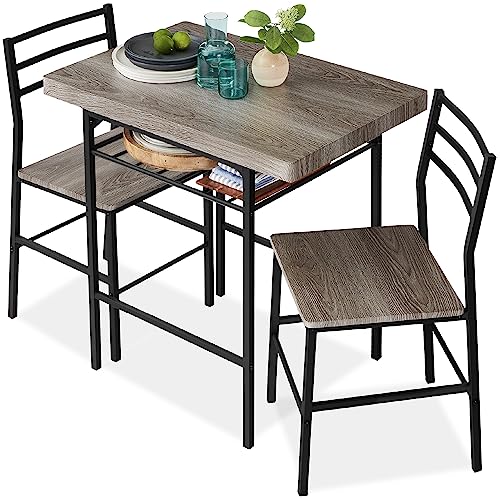 Best Choice Products Juego de comedor moderno de 3 piezas, comedor que ahorra espacio para cocina, comedor, espacio pequeño con marco de acero, estante de almacenamiento integrado, color gris