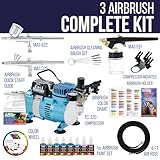 Equipo profesional de 3 sistemas de aerógrafo con compresor y kit de pinturas de 6 colores primarios, de Master Airbrush