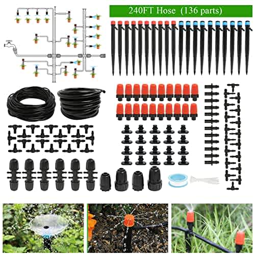 Maotong 240FT Drip Irrigation System Kit, Automatic Garden Watering Misting System for Greenhouse, Yard, Lawn, Plant with 1/2 inch Hose 1/4 inch Distribution Tubing and Accessories