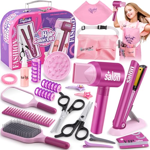 Toylink Juguetes de peluquería para niñas de 3, 4, 5, 6 años, juego de maquillaje para niños pequeños, kit de estilista de belleza con secador de pelo, alisador, delantal, caja portátil, regalos de