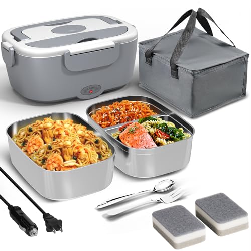 Fiambrera eléctrica calentador de alimentos para el trabajo, calentador de alimentos de 80 W para automóvil, camión, viajes, con 2 recipientes de acero inoxidable de 1.5 litros, caja de almuerzo