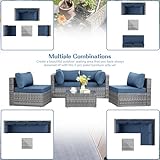 Shintenchi Sofá modular de 5 piezas para patio al aire libre, juegos de muebles de mimbre de polietileno gris plateado con cojines lavables y mesa auxiliar de cristal para jardín, piscina, patio