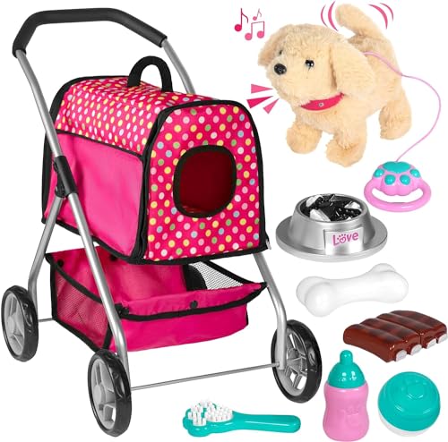 Puppy Doll Stroller - Remote Control Electronic Plush Puppy Dog Toy - Singing, Walking, Barking, Tail Wagging, Kids Girls Plush Electronic Interact Puppy Toys for Kids - Pretend and Play Little Toys,