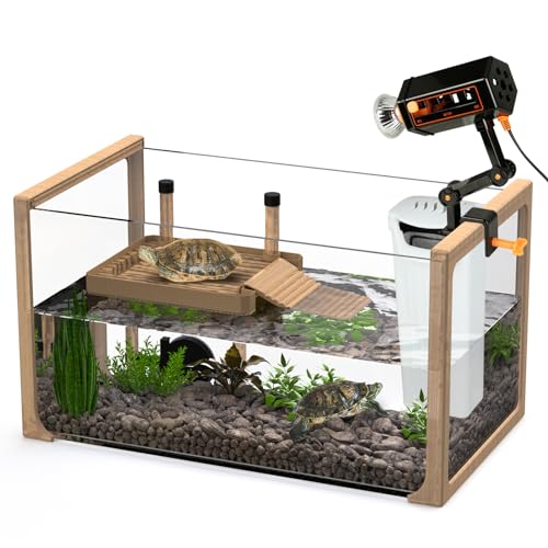 Okköbi Kit de acuario de tortugas – Nuevo 2024 – Tanque de tortugas acuáticas con filtro y luz + plataforma para tomar tortugas, tanque de tortuga pequeño para bebé y tortuga juvenil, kit de