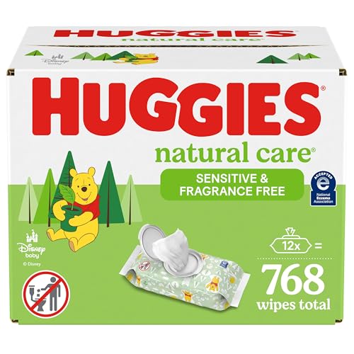 Huggies Natural Care Sensitive Baby Wipes, Unscented, Hypoallergenic, 99% Purified Water, 12 Flip-Top Packs (768 Wipes Total)