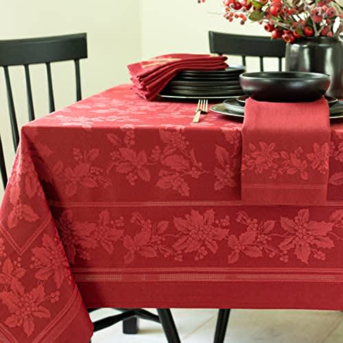 Benson Mills Holiday Elegance Heavyweight Engineered Jacquard Fabric Table Cloth, Holiday, Winter, and Christmas Tablecloth (Dark Red, 60" X 144" Rectangular)