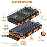 Cargador solar, 20000 mAh portátil al aire libre, impermeable, batería de respaldo externa para campamento, salida de puertos USB de 5 V, 2 linterna de luz LED con brújula (naranja)