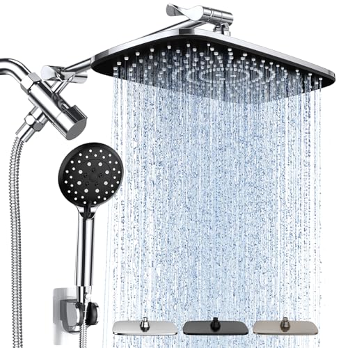 Veken High Pressure Rain Shower Head Combo with Extension Arm- Wide Showerhead with Handheld Water Spray - Adjustable Dual Showerhead with Anti-Clog Nozzles - Silver Chrome