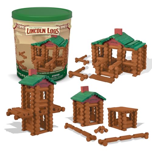 Basic Fun Lincoln Logs - Lata de centenario, 111 piezas, troncos de madera real, a partir de 3 años, el mejor juego de construcción retro para niños y niñas, ingeniería de construcción creativa