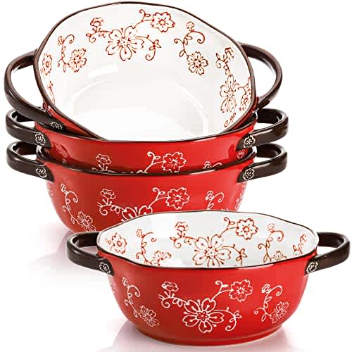 AVLA Paquete de 4 cuencos de sopa de cerámica, 22 onzas de porcelana con mango de doundle, grandes Crocs de cerámica para sopa de cebolla francesa, estofado, pasta, cereales, tartas (rojo)