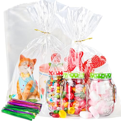 NPLUX 100 Pack Cellophane Bags Small Plastic Cookie Bags Clear Treat Bags with Twist Ties for Small Gift Party Favors, Bakery, Candy, Popcorn(8×11In)