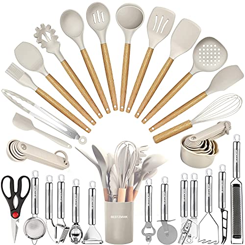 Juego de utensilios de cocina - 35 piezas de utensilios de cocina con rallador, pinzas, espátula de cuchara y girador hechos de silicona resistente al calor de grado alimenticio y asas de madera,