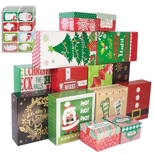 Party Funny 14 Decorative Christmas Gift Boxes with Lids and 80-Count Foil Christmas Gift Tag Stickers (Assorted size, 6 Rectangle, 4 Square, 4 Small Square)