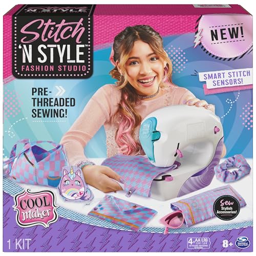 Cool Maker, Stitch ‘N Style Fashion Studio, Pre-Threaded Sewing Machine Toy with Fabric and Water Transfer Prints, Arts & Crafts Kids Toys for Girls