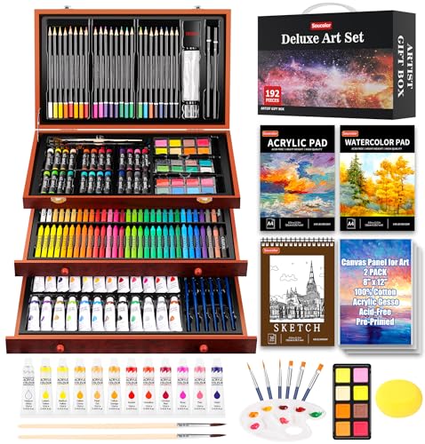 Soucolor Art Supplies, 192-Pack Deluxe Art Set Drawing Painting Supplies Art Kit with Acrylic Pad, Watercolor Pad, Sketch Book, Canvases, Acrylic Paint, Crayons, Pencils, Gifts for Artists Adults Kids