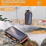 Cargador solar, 20000 mAh portátil al aire libre, impermeable, batería de respaldo externa para campamento, salida de puertos USB de 5 V, 2 linterna de luz LED con brújula (naranja)