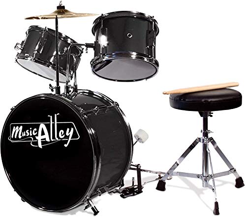 Music Alley Juego de batería para niños de 3 piezas con trono, platillo, pedal y baquetas, negro metálico (DBJK02-BK)