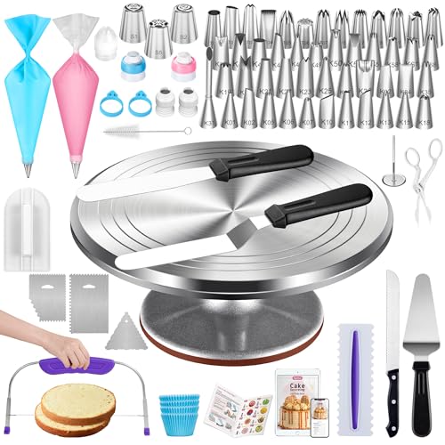 Syntus Kit de decoración de pasteles de 253 piezas, soporte para pasteles de aleación de aluminio, 48 puntas de glaseado numeradas, 3 boquillas de tubería rusas, espátulas rectas y en ángulo, bolsas