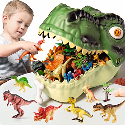 RISUNTOY Juguetes de dinosaurio para niños de 3 a 5 años, 45 figuras realistas de dinosaurios jurásicos con huevos, árboles y valla para crear un mundo de dinosaurios, figuras educativas, gran regalo