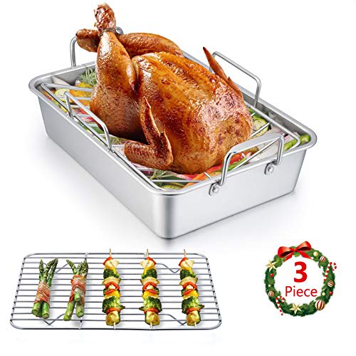 E-far - Asador de pavo resistente de 14 x 10.6 pulgadas de acero inoxidable con estante en V y estante para hornear, sartén profunda de metal pequeño para cocinar en horno, lasaña, carne y pollo, apto