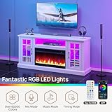 Rolanstar Soporte de TV con chimenea con LED y tomas de corriente, centro de entretenimiento blanco con chimenea eléctrica de 26 pulgadas para televisores de 45/50/55/60/65 pulgadas, consola de TV