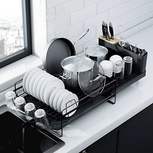 Kitsure Large Dish Drying Rack - Extendable Dish Rack, Multifunctional Dish Rack for Kitchen Counter, Anti-Rust Drying Dish Rack with Cutlery & Cup Holders