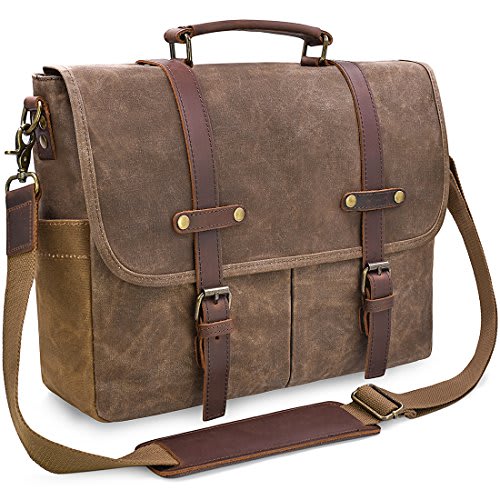 Bolso mensajero para hombre de 15.6 pulgadas, impermeable, de cuero auténtico, encerado, maletín de lona grande, bolso de hombro de cuero resistente para computadora portátil, color marrón