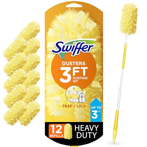 Swiffer - Kit de limpieza con plumero resistente, artículos de limpieza, mango extendido de 3 pies, 1 plumero, 12 recambios