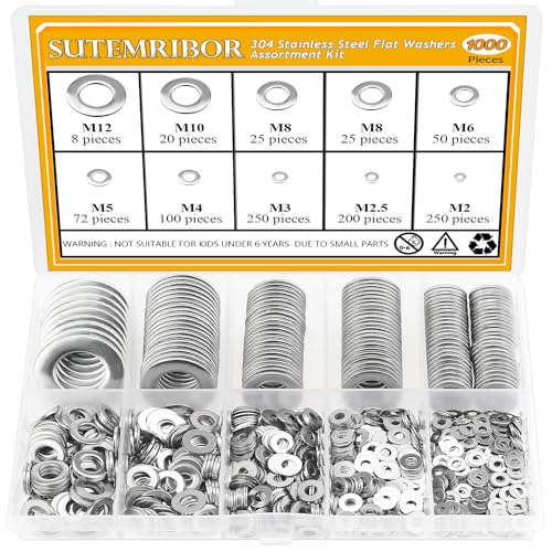 Sutemribor 1000 arandelas planas de acero inoxidable 304 de 9 tamaños para tornillos, arandelas de acero inoxidable, arandelas de metal, arandelas surtidas (M2 M2.5 M3 M4 M5 M6 M8 M10 M12)