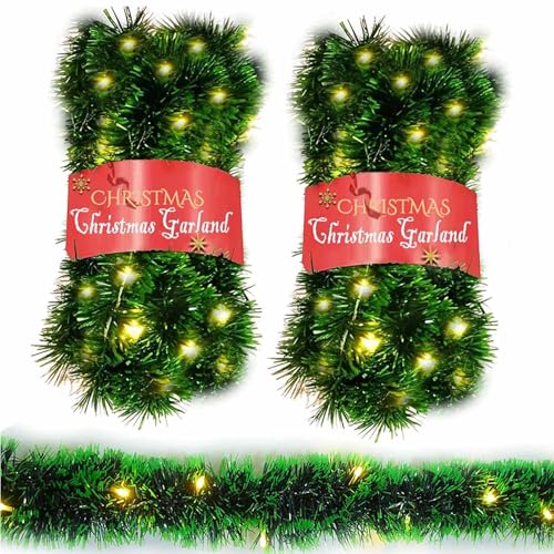 Paquete de 2 guirnaldas de Navidad con luces, total de 38 pies, 80 luces LED, funciona con pilas, guirnalda larga preiluminada para escaleras, barandilla, chimenea, chimenea, marco de puerta,