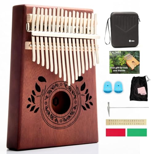 UNOKKI Kalimba 17 Key Thumb Piano with Ore Steel Tines, Portable Mahogany Mbira with Hard Case Instruction, Finger Covers & Tune Hammer, Gift for Kids, Adults, Men and Music Lovers (Chocolate Brown)