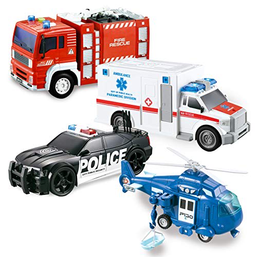 JOYIN 4 Packs Emergency Vehicle Toy Playsets, Friction Powered Vehicles with Light and Sound, Including Fire Truck, Ambulance Toy, Play Police Car and Toy Helicopter, Christmas Toddler Kids Boys Gifts